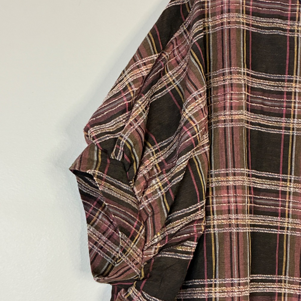 UMGEE Women‎ Plaid Button Up Shirt Oversized Short Sleeve Frayed Hem Size S - Picture 3 of 9